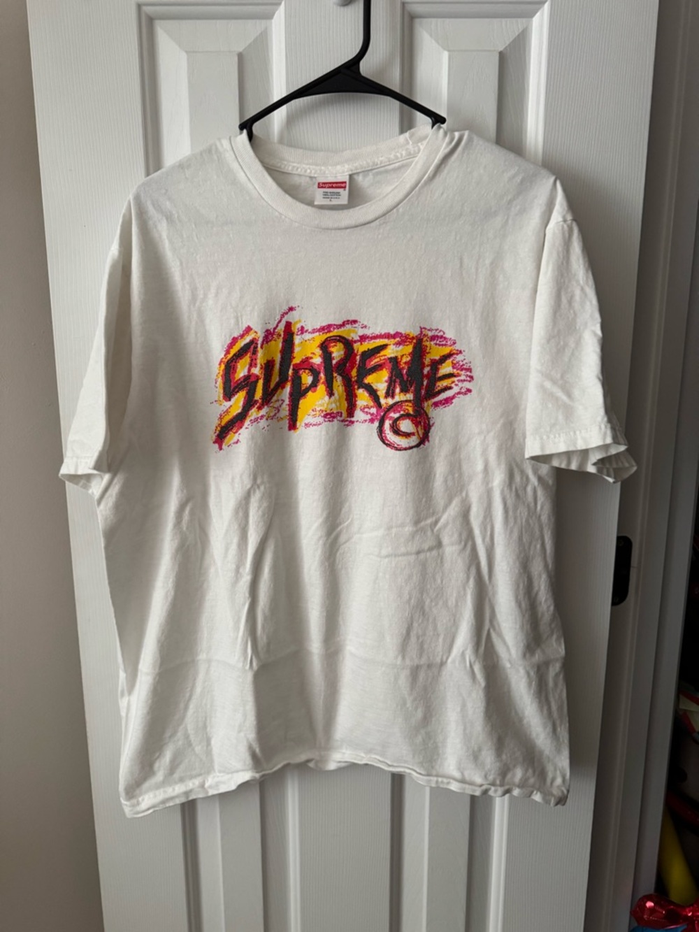 Supreme White Tee with Pink and Yellow Brush Graphic